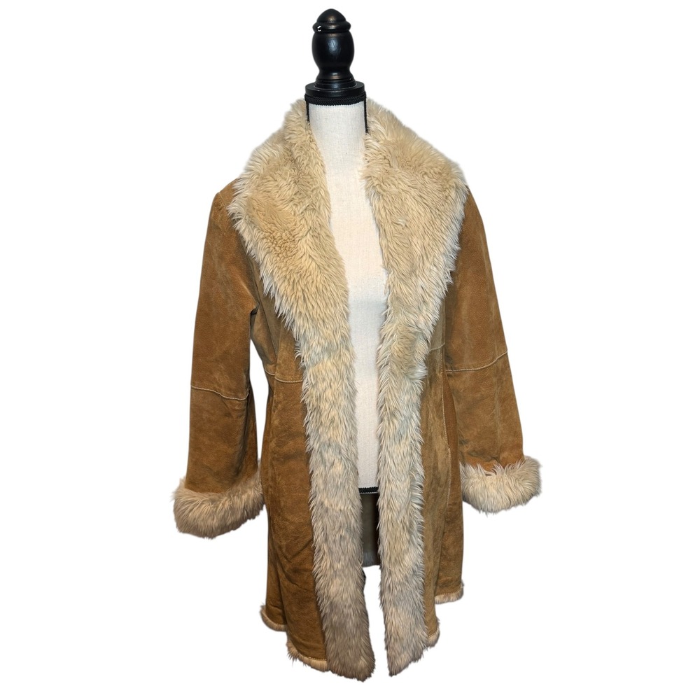 Wilsons Leather Tan Suede Coat with Cream Faux Fur Trim